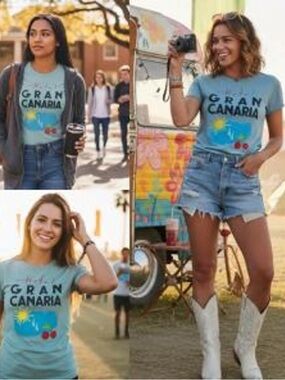 Chaser Hotel Gran Canaria Graphic Tee Light Blue with Red Yellow Accents Medium